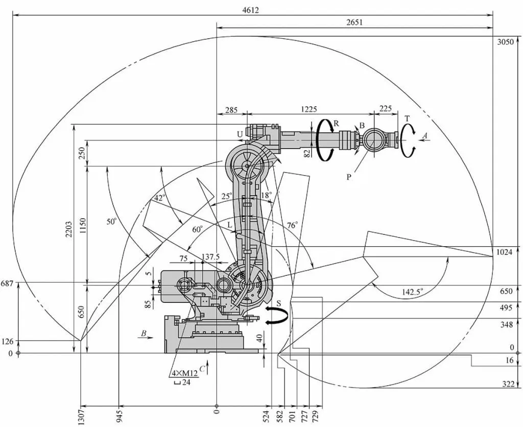 Abbildung 2-3 Seitenansicht des Roboterkörpers YR-ES0165DA00 Bewegungsbereich des Arms