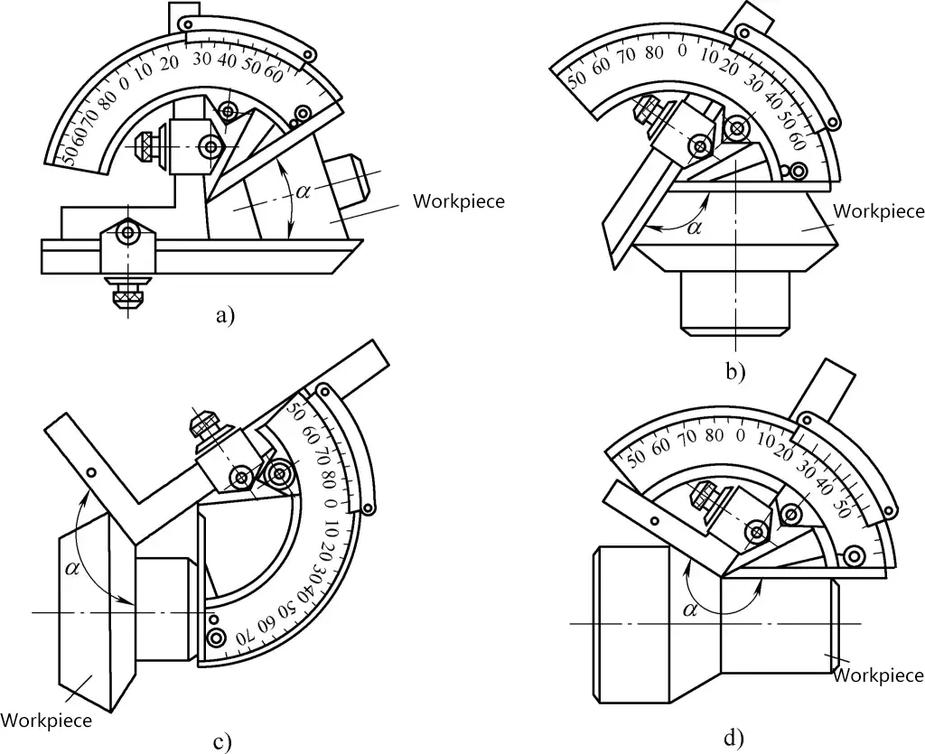 Figura 11 Esquema de un transportador universal vernier de tipo I que mide una pieza de trabajo