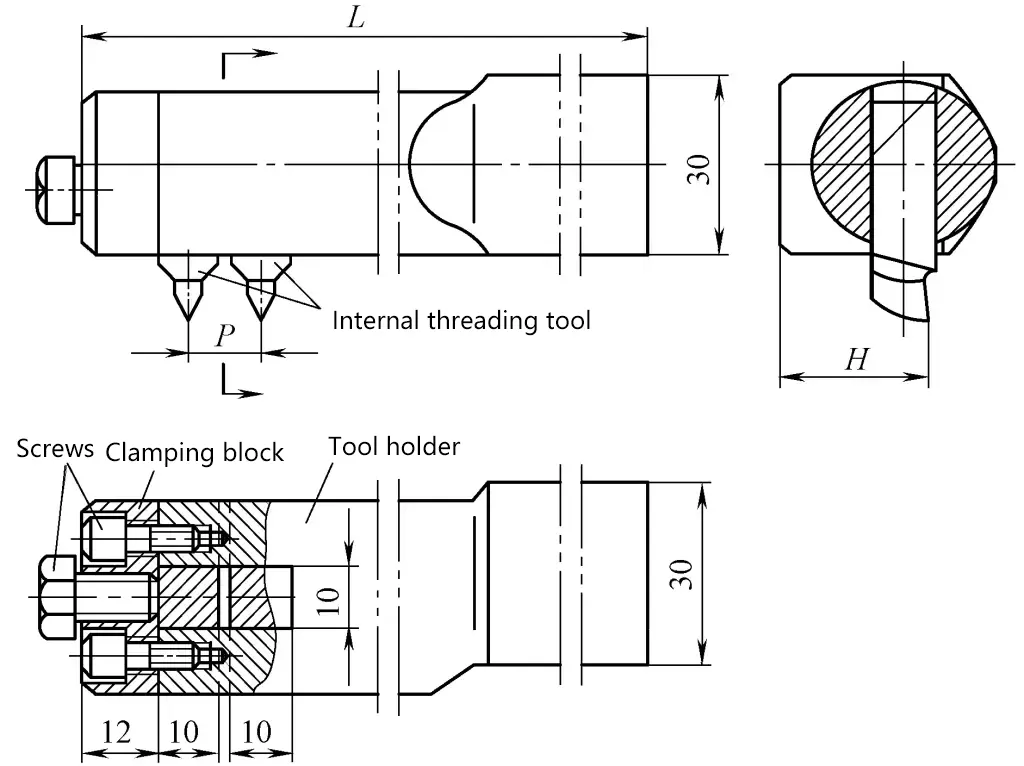 Figura 14 Estructura del portaherramientas doble para el torneado de roscas interiores de doble arranque