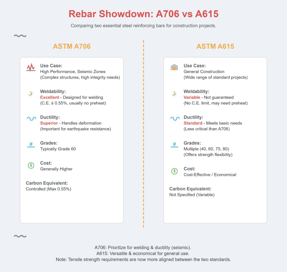Comparación exhaustiva de barras de refuerzo ASTM A706 frente a A615