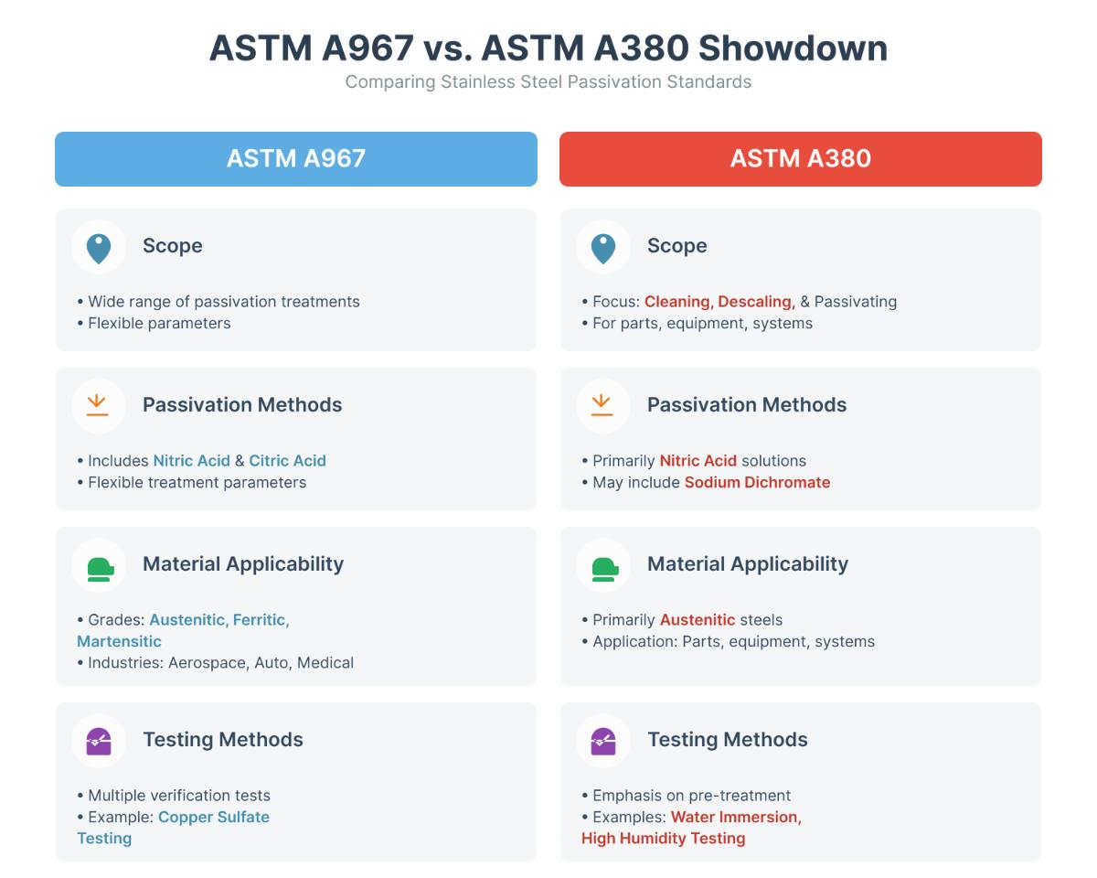 ASTM A967 vs ASTM A380 Guía comparativa completa